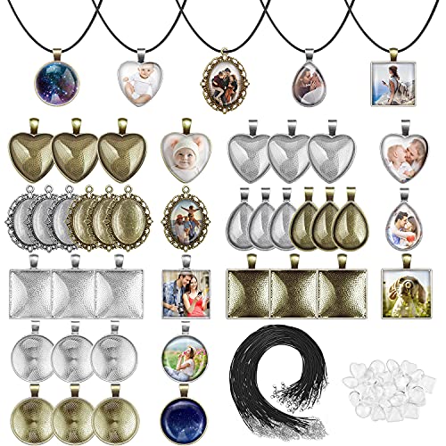 Aenezus Pendant Trays Set with Glass Cabochons for Jewelry Making - 90pcs, Includes 30pcs Bezel Pendants, 30 Glass Cabochons, 30 Necklace Cords