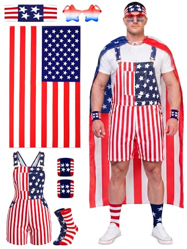 Yahenda 250 Year American Flag Overalls Mens 6-piece Set Patriotic Overall Set with Cape Bandana Sunglasses Wristband Sock(3xl Size)