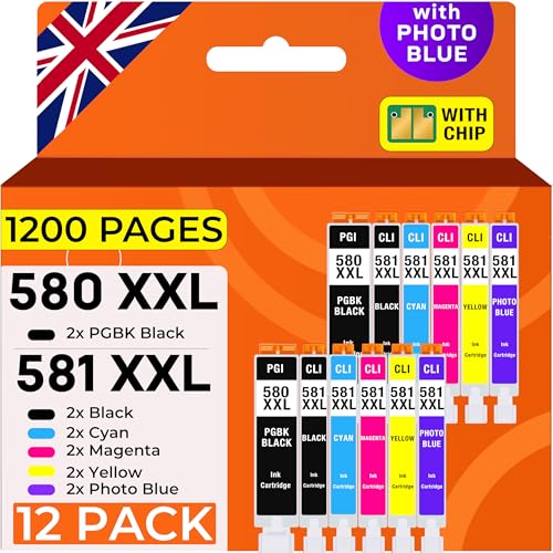 Supply Guy 580XXL 581XXL printer cartridges compatible with Canon PGI-580 CLI-581 for Pixma TS8350 Series, TS8350a, TS8100 Series, TS8200 Series Multipack 12 cartridges 580 581 XXL
