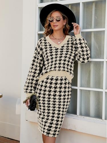 Pink Queen Women's 2 Piece Outfits Set Knit V Neck Batwing Long Sleeve Loose Top Bodycon Midi Skirt Sweater Dresses3