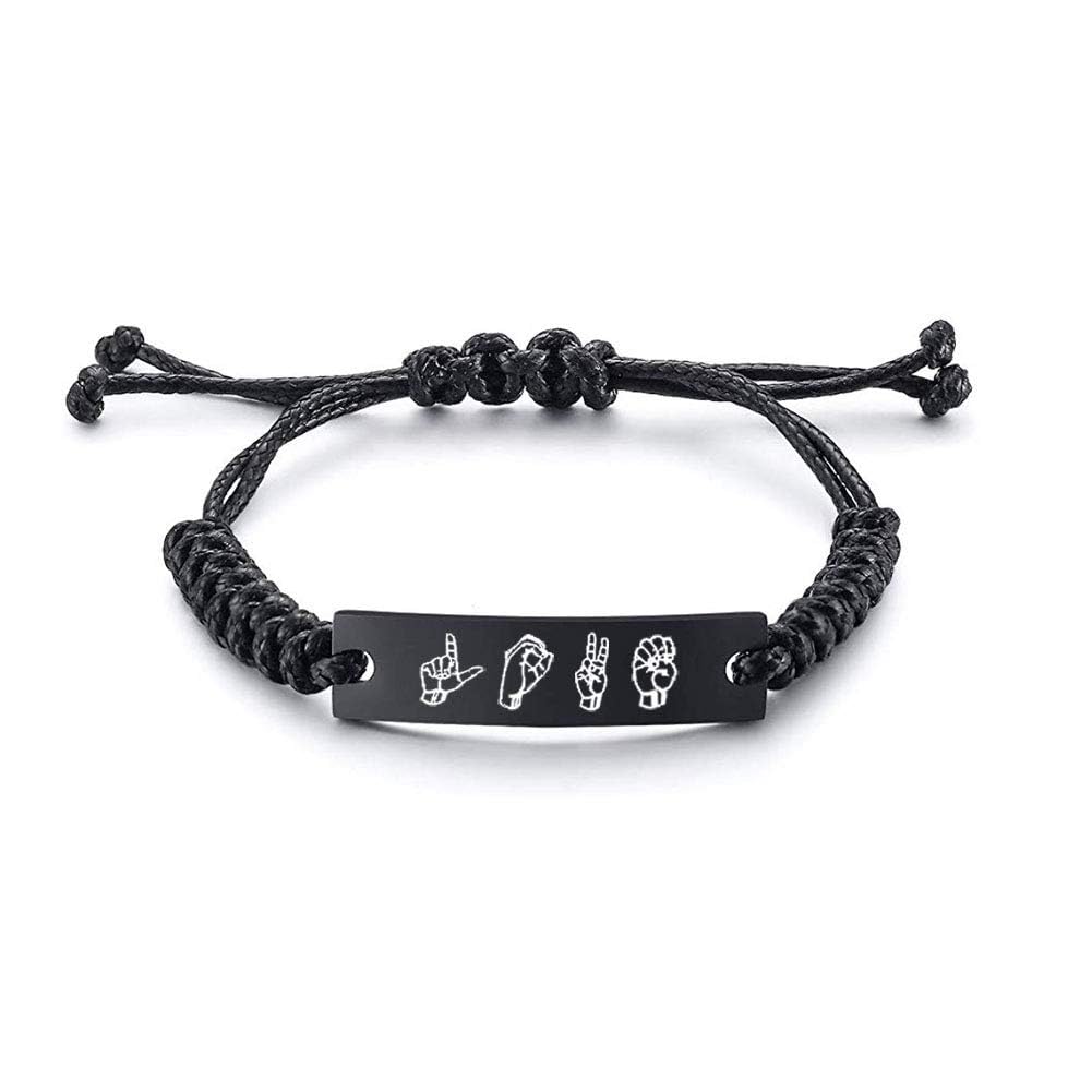 ASL Sign Language Bracelet Personalized Name Bar Leather Bracelet Custom Sign Language Deaf Jewelry Interpreter Gift Wristbands for Teens