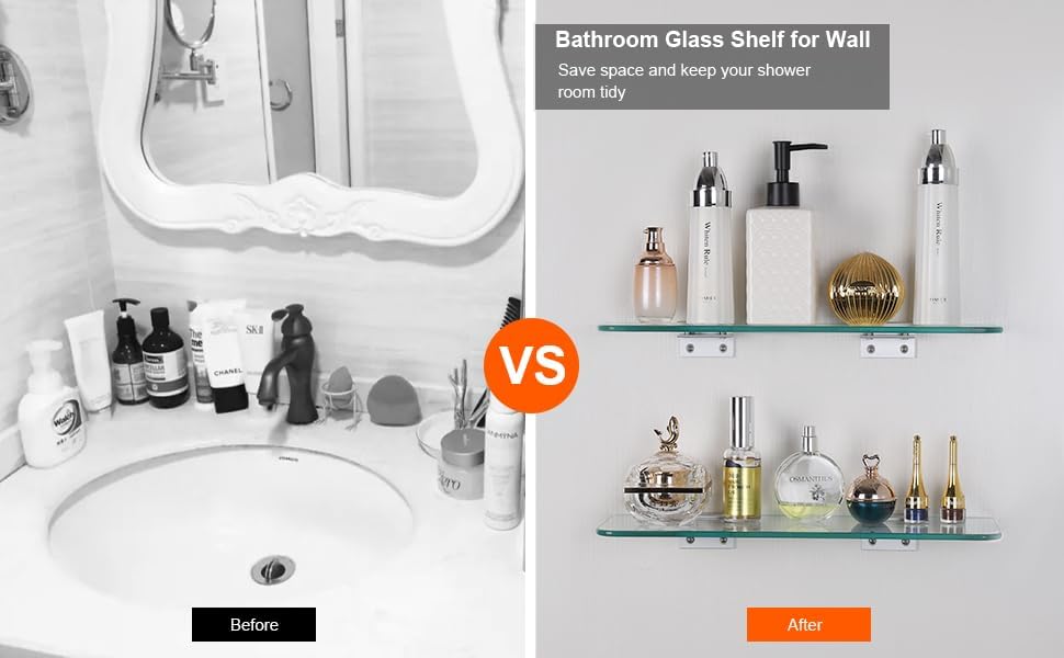 Miniatura 9 de Estantes de ducha de vidrio para baño, 2 niveles, de vidrio templado, estantes flotantes montados en la pared para el interior de la ducha,