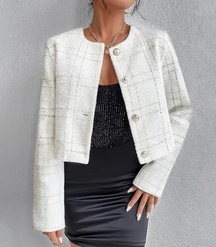 ebossy Women's Collarless Plaid Tweed Blazer Elegant Open Front Button Down Casual Business Glitter Jacket4