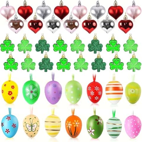 DIYASY 72 Pcs Valentine's Day Heart Haning Ornaments, St. Patrick's Day Shamrock Easter Eggs Ornaments Plastic Clover Egg Party Favor Gift Supplies Home Decorations Set Cover