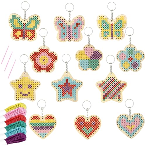 Image of JHGCVX 12 Pcs Wooden Cross Stitch Keychain Kit，Make Your Own Cross Stitching Keyrings，Butterfly Flower Love Star Wood Cross Stitching Keyrings for Beginners