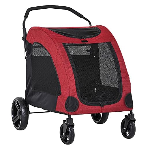 Pawhut Cochecito para Mascotas Carrito para Perro Gatos Plegable 4 Ventanas Transpirables Buena Ventilación Puerta Grande Cojín Extraíble 98x82x110 cm Rojo