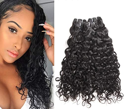 Sakula Brazilian Virgin Remy Water Natural Wave Curly Human Hair Extensions Bundles With 100 Unprocessed Human Hair Weft Weave Natural Black Color (14 16 18 20 Inch)