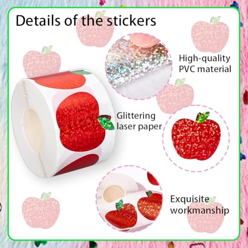 Image of 500Pcs Back to School Apples Stickers Roll Red Laser Sparkly Apples Label 1in Waterproof Decals Self-Adhesive Holographic Stickers for Envelope Scrapbook Decor First Day of School Party Supplies