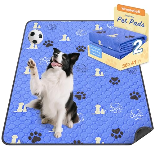 Image of WanpeeGoo Washable Pee Pads for Dogs, Waterproof, 36 x 41 in, 2 Pack, Blue | Super Absorbent, Waterproof and Non-Slip; Washable, Reusable Dog Pads for Crates, Playpens, Floors, Furniture and Travel