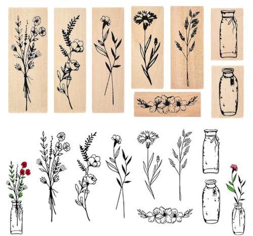 8 Stück Holzstempel, Vintage Stempel Blumen, Pflanze Mustern...