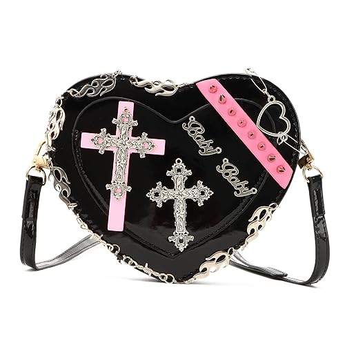 SUKUTU Women Gothic Punk Crossbody Bag Cute Heart Shaped Studded Shoulder Bag Purse