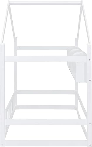 Miniatura 7 de P PURLOVE Base de cama de piso de casa de tamaño individual con estante de almacenamiento, cama Montessori de tamaño individual con valla para