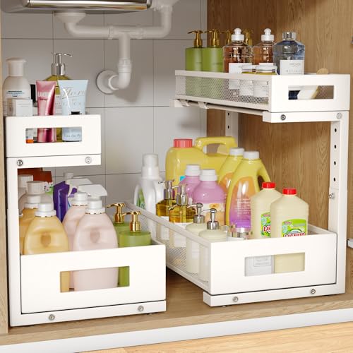 Image of 2 Pack 17IN Depth Under Sink Storage Organizer, Large 2-Tier Elegant Mesh Pull Out Shelf for Kitchen and Bathroom Cabinet Organization, L-Shaped and Adjustable Height Design-White