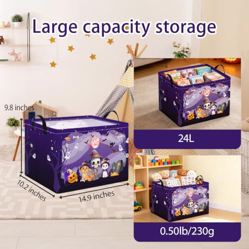 Image of Purple Spooky Night Halloween Basket with Kitten Puppy Ghost Prints,Trick or Treat Storage basket for Gifts and Party Stuffers(Kitten Puppy Skeleton)