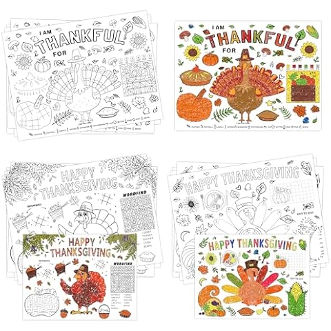 kortes 21 Pack Disposable Fall Thanksgiving Placemats for Kids, Paper Turkey Coloring Activity Paper Place Mat 3 Styles Thankful Autumn Table Mat Chargers for Dinner Table Children Fall Party Décor Cover
