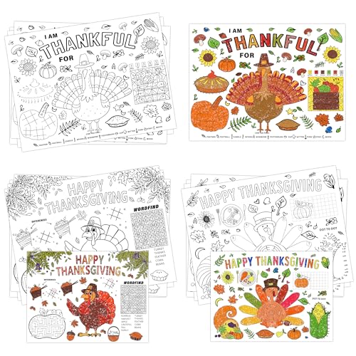 kortes 21 Pack Disposable Fall Thanksgiving Placemats for Kids, Paper Turkey Coloring Activity Paper Place Mat 3 Styles Thankful Autumn Table Mat Chargers for Dinner Table Children Fall Party Décor