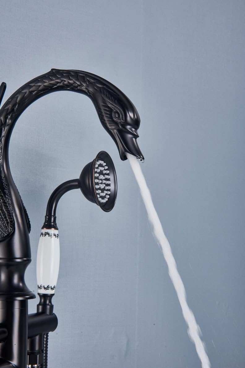 Wolnostojąca armatura wannowa SWAN do montażu podłogowego z obrotową wylewką, słuchawką prysznicową, ceramicznym wkładem, mosiężnym korpusem i strumieniem wody z domieszką powietrza (czarna)