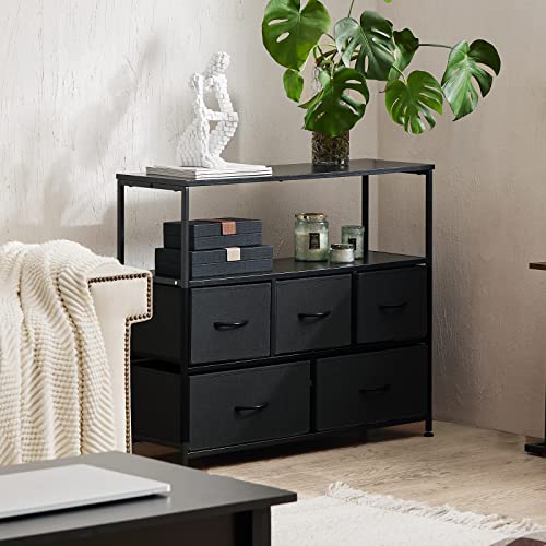 Image of NEWBULIG Dresser,Dresser with 5 Fabric Drawers,Chest of Drawers,Storage Tower, TV Stand Organizer Storage for Bedroom Living Room Hallway, Easy Pull Fabric Bins,Wooden Top, Sturdy Steel Frame,Grey