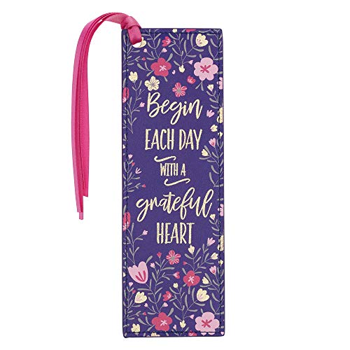 With Love Faux Leather Bookmark Begin Each Day with A Grateful Heart w/Satin Ribbon Tassel, Pink/Blue Floral