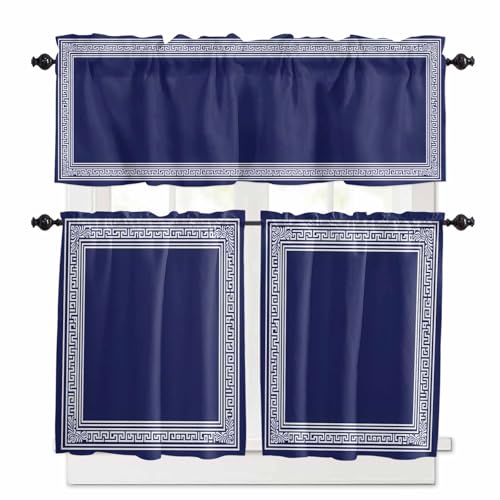 Navy Blue Geometric Kitchen Curtains 24 Inch Length, 3 Piece Rod Pocket Small Half Tiers and Valance Set, White Greek Key Farmhouse Small Large Window Treatment Decor for Bedroom/Bathroom Sink