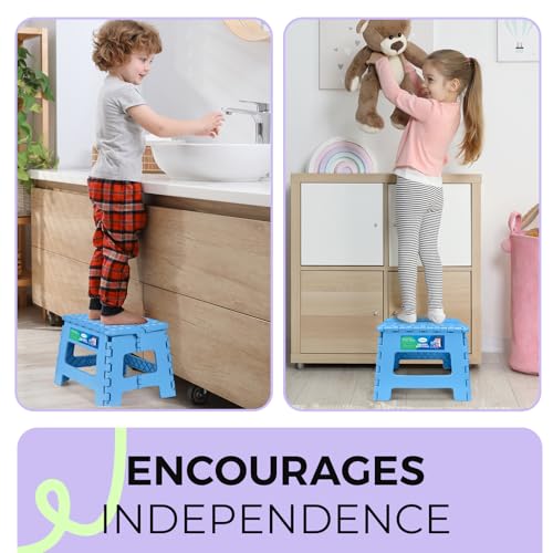 Image of Dyforce Folding Step Stool 9 inch, Kids Step Stool, Heavy Duty Step Stools for Adults, Compact Foot Stools, Light-Weight Toddler Step Stools for Kitchen, Bathroom, Holds Up to 300 lbs (Blue)