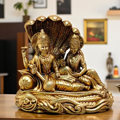 Estatua Vishnu Lakshmi en Sheshnag Acabado Latón 2 in miniatura 7