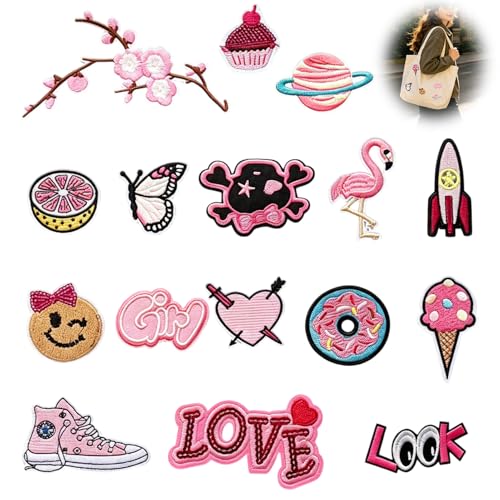16 Pièces Thème Rose Broderie Patch Thermocollant, Patch Thermocollant, Rose Applique Patches Décoratifs pour Vêtements, Sacs à Dos, Jeans, Chapeau