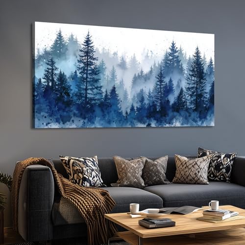 BewDalky Large Misty Forest Wall Art Watercolor Pine Tree Foggy