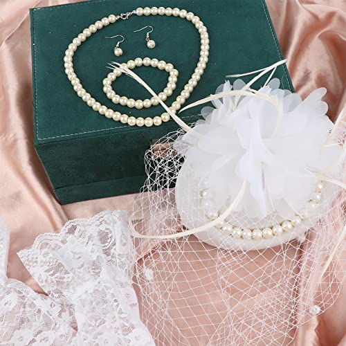 5Pcs Fascinators Hat Veil Mesh Headband Set Tea Party Fascinators Set Lace Gloves, Pearl Necklace, Bracelet, Earrings (White) #TOP3