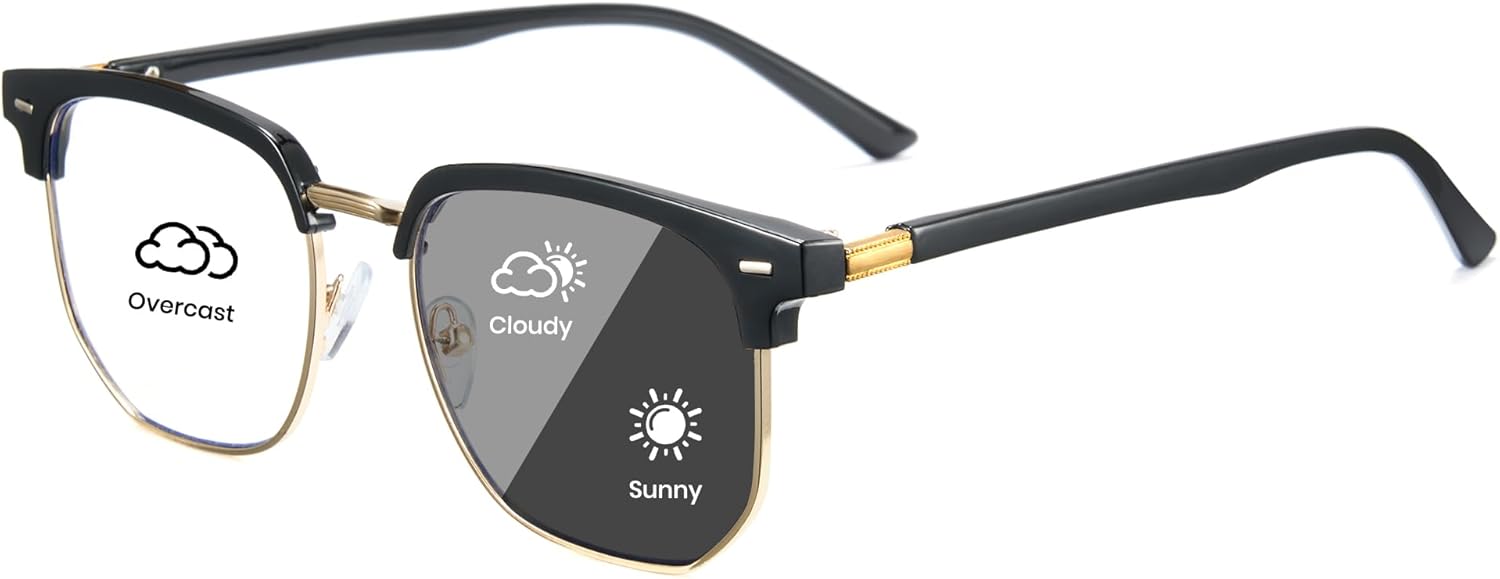 Cyxus Photochromic Glasses for Men Women UV Protection with Blue Light Blocking Classic Browline Frame 8247