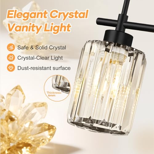 Image of 2-Light Matte Black Crystal Bathroom Vanity Light, Modern Bathroom Lighting Fixture Over Mirror, K9 Crystal Bathroom Wall Light with Round Shades, E26 Base(Bulbs Not Included)
