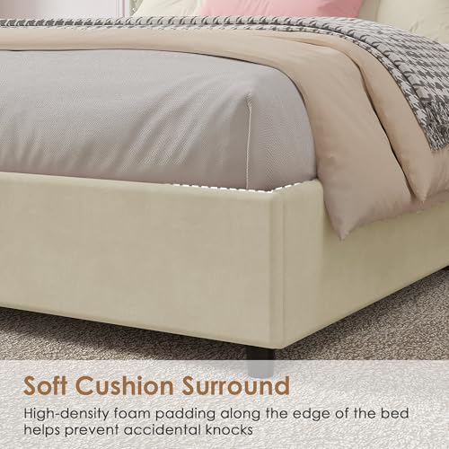 Image of VECELO King Size Upholstered Bed Frame with 4 Storage Drawers, Adjustable Velvet Rivet Decor Headboard, Wooden Slats Platform Support, No Box Spring Needed, Easy Assembly,Beige