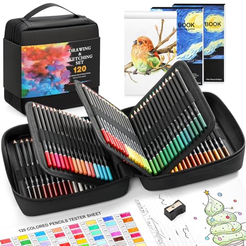 Pacote com 120 lápis de cor para livros de colorir para adultos, lápis de cor à base de óleo de núcleo macio com caderno de esboços, livro de cores, materiais de arte com estojo com zíper, presentes