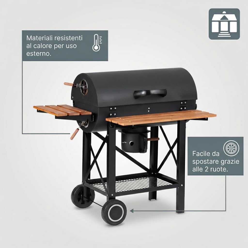 Tarrington House Barbecue a Carbone Louisiana, Acciaio/Legno, Raccoglicenere, Sistema di Ventilazione, Tavolini Laterali, Nero