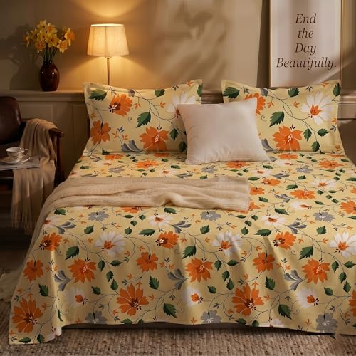 Image of BSB HOME 240 TC Cotton Bedsheet with 2 Pillow Covers, Soft Breathable Floral King Size Flat Bed Sheet - 90 x 100 Inches (228 x 254 cm) (Burnt Orange)