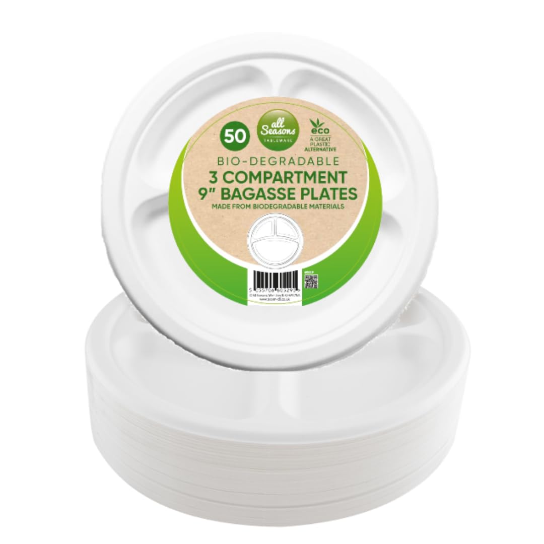 50 Bagasse Plates 9 Inch 3 Compartment Biodegradable Disposable Paper Plate