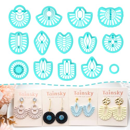 TAINSKY Raffia Polymer Clay Cutters, 14 Shapes Macrame Polymer Clay Cutters for Earrings Making, Tassels Polymer Clay Cutters, Boho Raffia Clay Cutters for Polymer Clay Jewelry