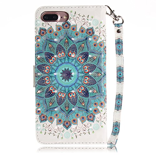 Yoking Iphone7plus手机壳笔记本型iphone8plus手机壳笔记本型iphone8plus 笔记本型手机壳时尚曼荼罗的花花纹闪闪发光3d的视觉白色保护壳耐冲击钱包型卡片收纳带挂绳磁铁