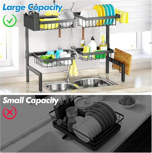 Image of Allkartz 4 Baskets - 2 Tier Over The Sink Dish Drying Rack Adjustable Kitchen Organizer Rack, Kitchen Rack Stand with Dish Drainer, Utensil Holder, Knife Holder, Cup Holder & Cutting Board Stand