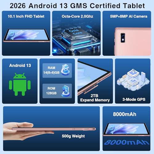 Image of Oangcc Tablet Android 13 Tablets 10 Inch 14GB RAM 128GB ROM 2TB Expand with Keyboard, Mouse, Case, 8000mAh Battery, Octa-Core, GPS, 5G /2.4G Wi-Fi, BT5.0, IPS HD Display (Gold)