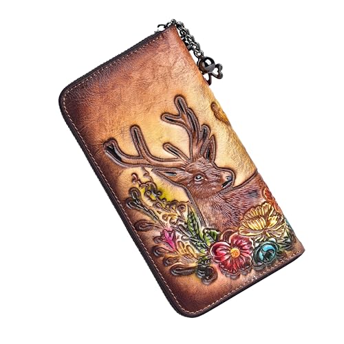 Image of Wallet Genuine Leather for Women - with RFID Blocking Card checkbook ID Slot Large Capacity Vintage style (deer brown)
