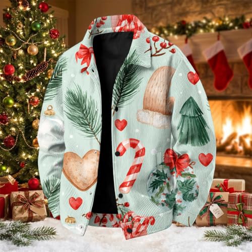 Fall Jacket for Men Vintage Christmas Print Retro Turn Down Collar Shacket - image 3