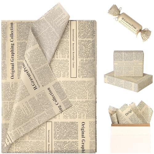 RUSPEPA Vintage Newspaper Tissue Paper Kraft Brown Retro Old Newsprint Design Magazine Newspaper Gift Wrapping Tissue Paper for Wedding Birthday Shower Party Craft Decor 19.5 x 27.5 20 Sheets