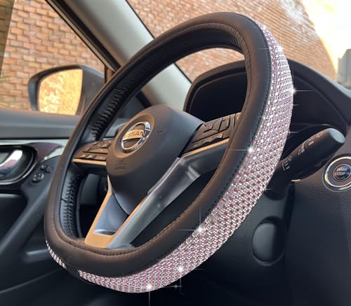 PINCTROT D Shaped Bling Comfy Steering Wheel Cover with Jumbo Crystal Rhinestones, Anti-Slip Diamond Leather, Flat Bottom 14.5-15 Inch (Pink) by PINCTROT - Used condition - US$14.27