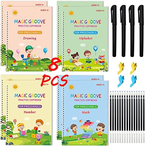 8 Pcs Grooved Handwriting Book Practice for Kids, Reusable Handwriting Preschool Workbook, Children's Magic Copybooks with Auto Disappearing Ink Pen (8 Large Books+4 Pens+4 Pencil Grips+20 Refills)