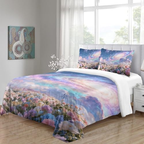 Housse de couette 3d impression galaxy fleur microfibre douce pour lit simple 135x200