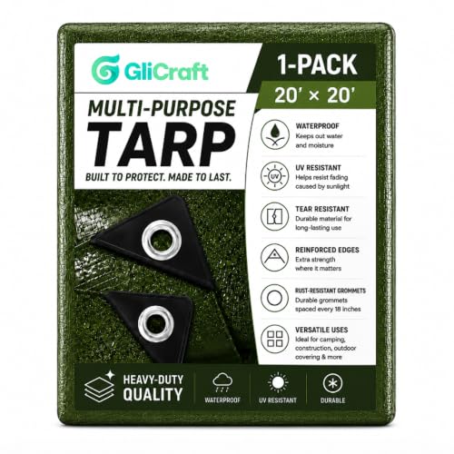 Image of 1 Pack 20 x 20 ft 5.5 Mil Large Tarps Heavy Duty Waterproof Tarp Multi Purpose Tent Cover for Home Boats Cars Camping Patio Furniture Roof Emergency Rain Protective Cover, Army Green