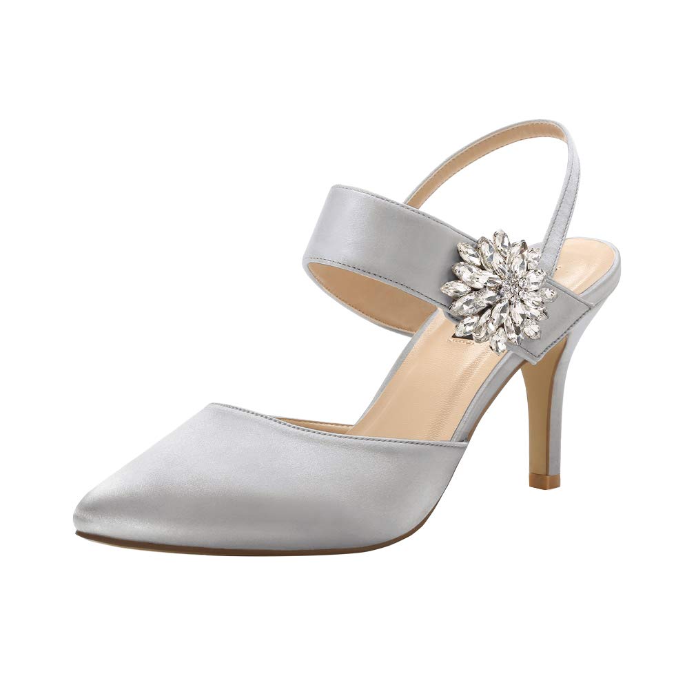ERIJUNOR Mid Heel Shoes for Women Pointed Toe Slingback Rhinestone Brooch Satin Dress Pumps Evening Prom Wedding Shoes