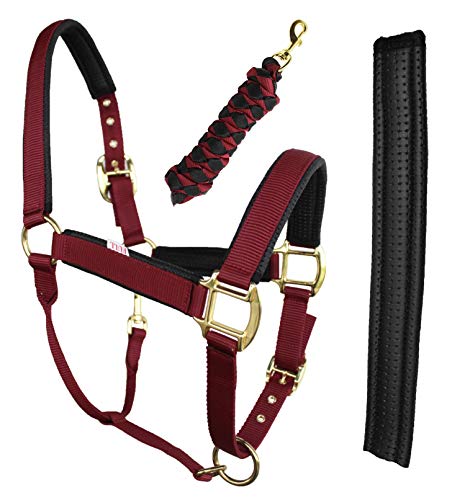 CHALLENGER Nylon Horse Neoprene Padded Burgundy Adjustable Halter Brass Hardware 606173BG