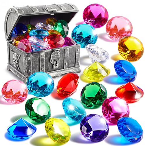 Sloosh Diving Gems Pool Toys,16 Big Colorful Diamond with Pirate Treasure Chest,Swim Dive Toy for Kids Underwater Gemstone Swimming Training Gift Water Toys Pool Games(Silver)